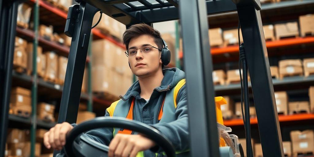 Young adult operating a forklift in a warehouse.