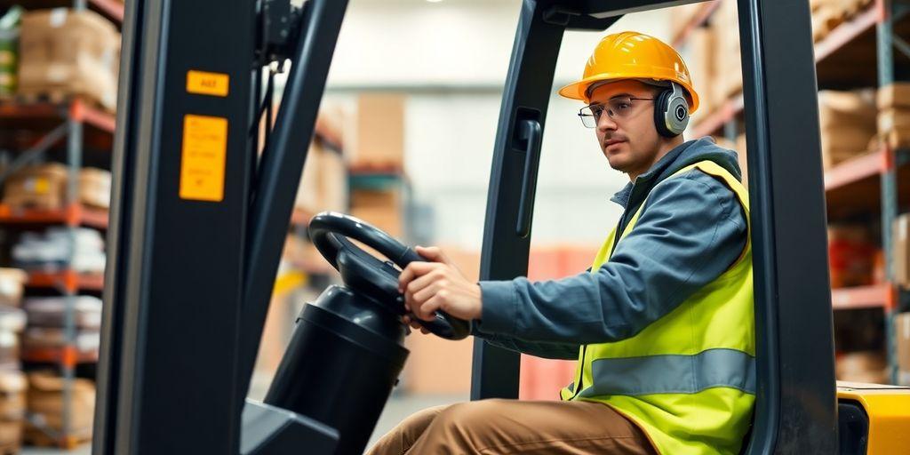 Young forklift operator working in a busy warehouse.