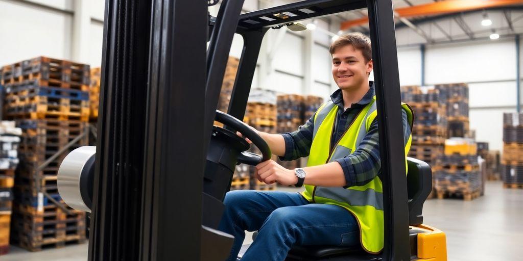 Young forklift operator safely maneuvering in a warehouse.