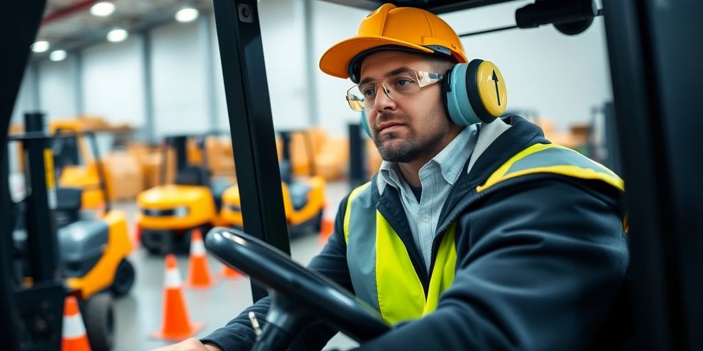 Forklift operator in training with safety gear and equipment.