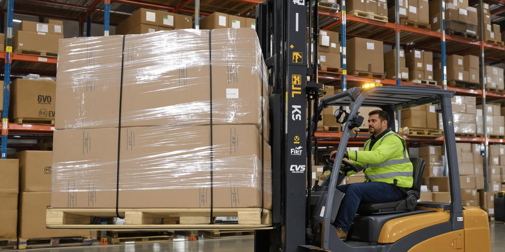 Forklift lifting a pallet in a busy warehouse.