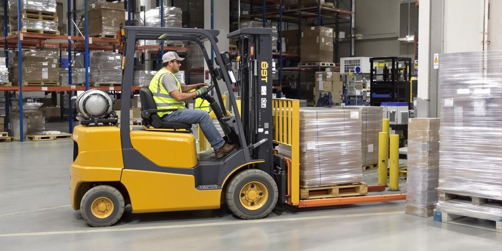 Forklift operator navigating through a busy warehouse environment.