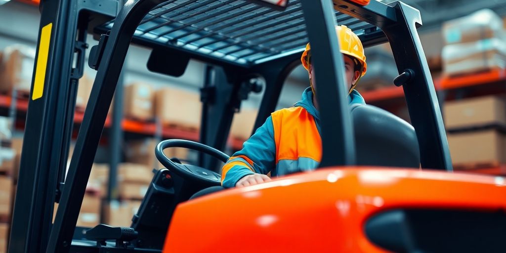 Forklift operator in safety gear operating a forklift.