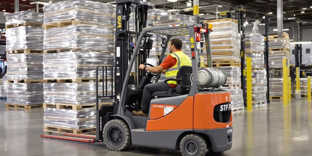 Forklift operator navigating in a warehouse setting.