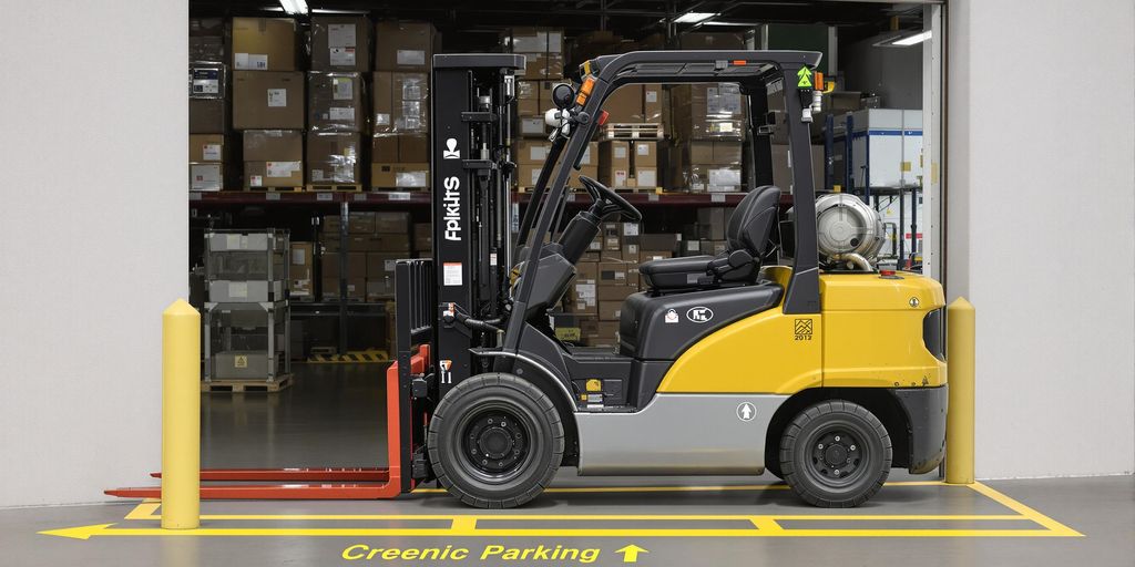 Forklift parked properly in a clear warehouse space.