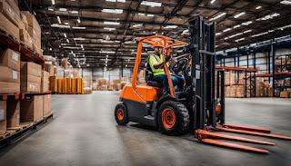 A forklift operator undergoing training in a modern warehouse.