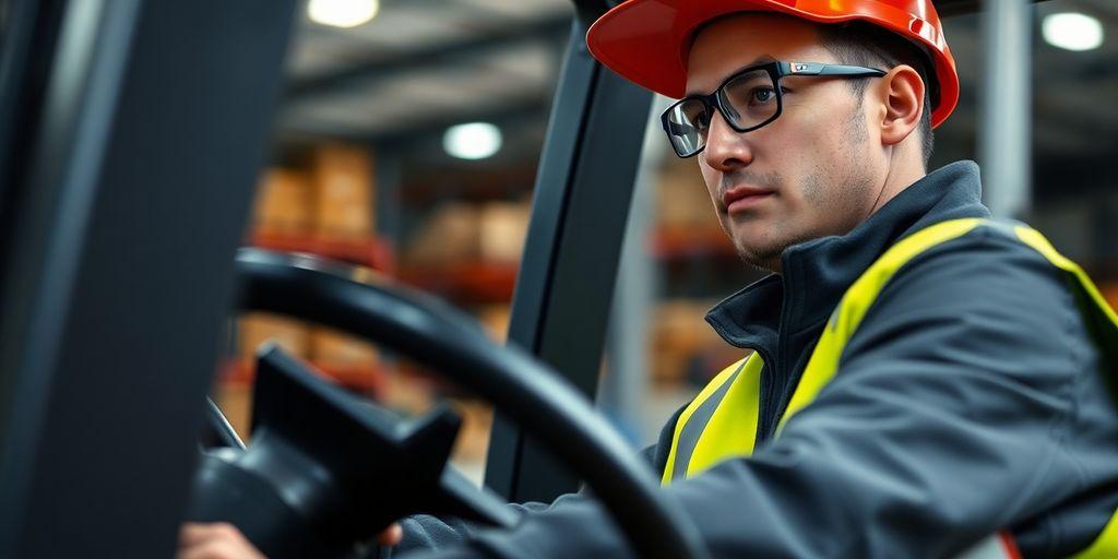 Forklift operator driving in a warehouse setting.