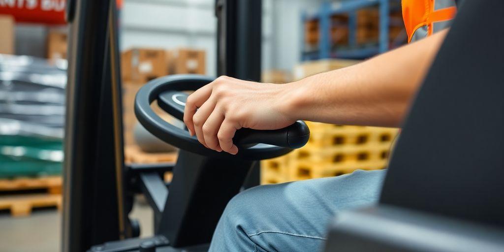 Forklift operator handling equipment in a warehouse.