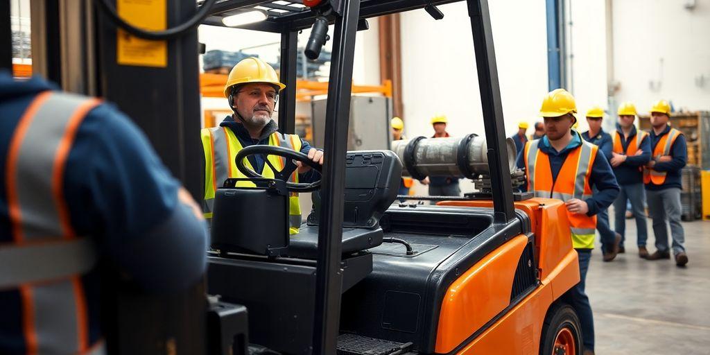 Forklift operator in training with safety gear at facility.