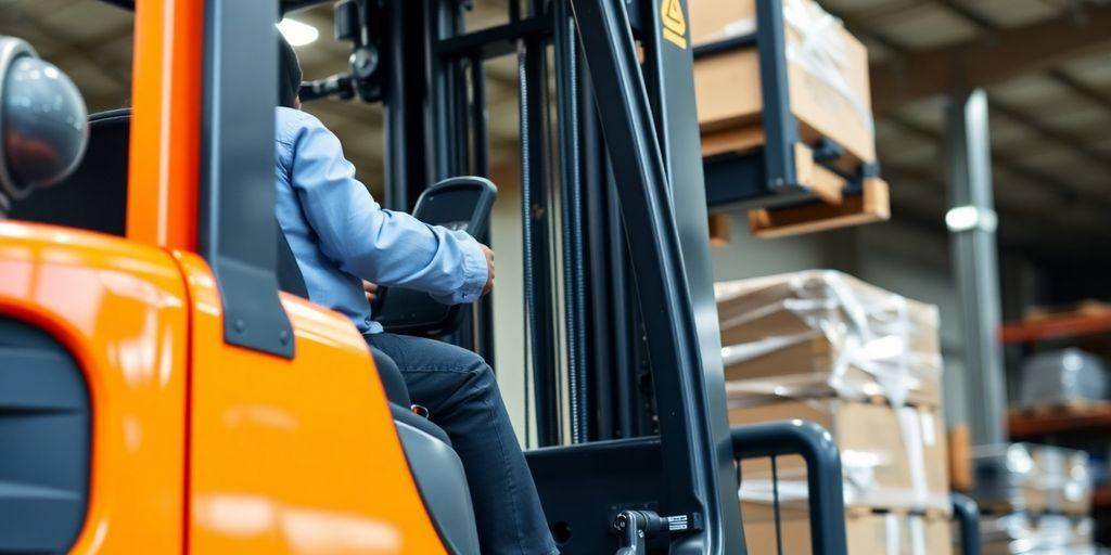 A forklift lifting a load in a warehouse setting.